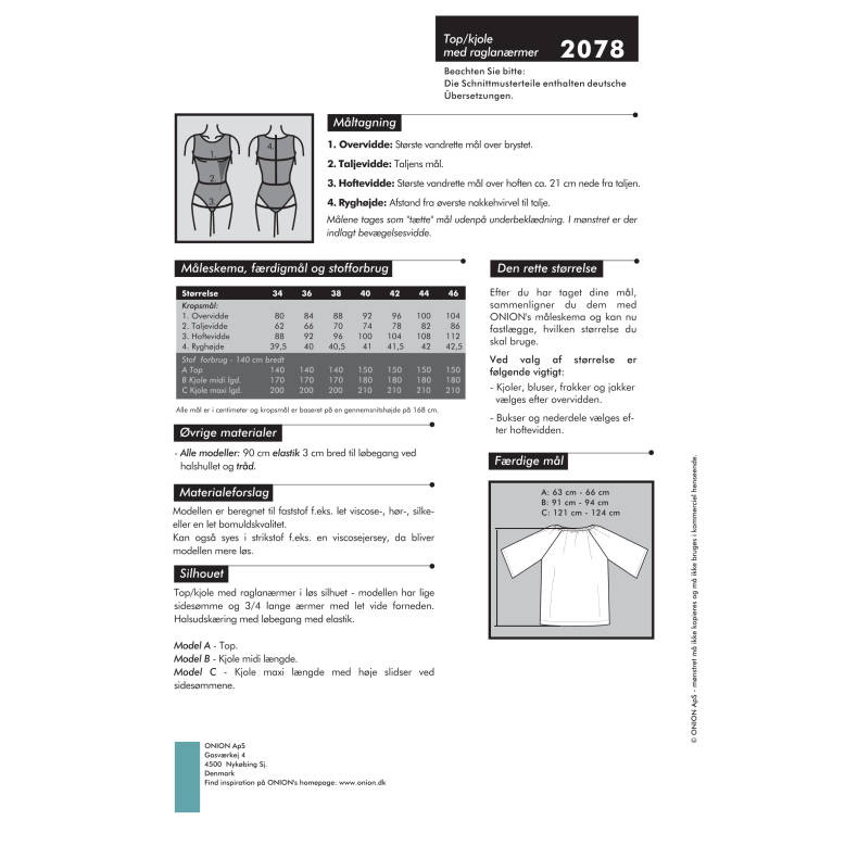 Onion 2078, Top/Kjole med raglanrmer, str. xs-xl