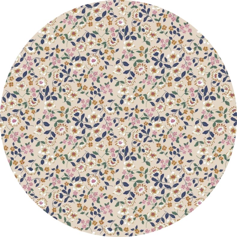 �kologisk Bomuldspoplin. Sm� blomster p� lysbrun bund