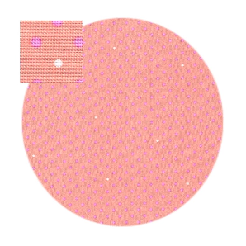 Bomuldsstof med sm� pink prikker p� ferskenfarve