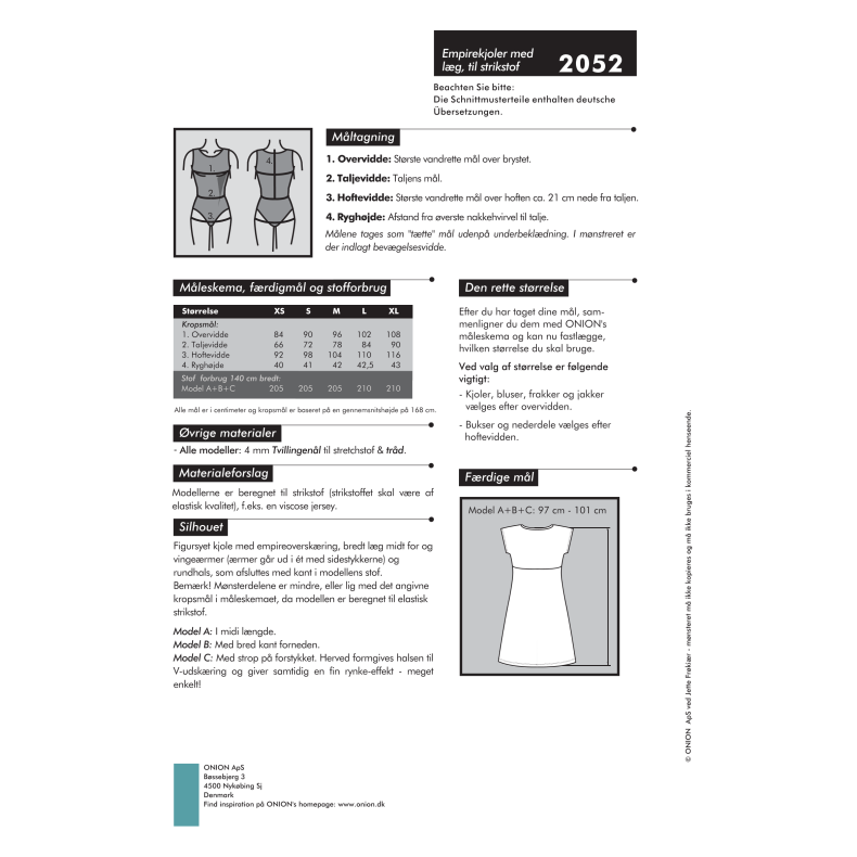 Onion 2052, Empirekjole med lg, til strikstof, str. xs-xl