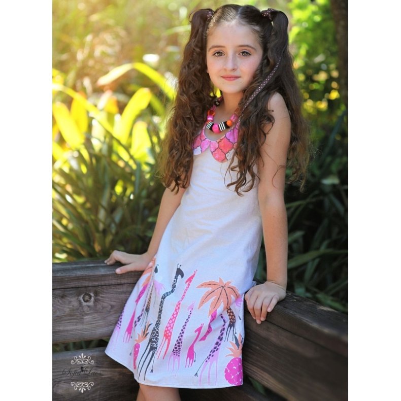 StofRest 0,55m Bomuldsstof med borderprint, Giraffe Garden Blue