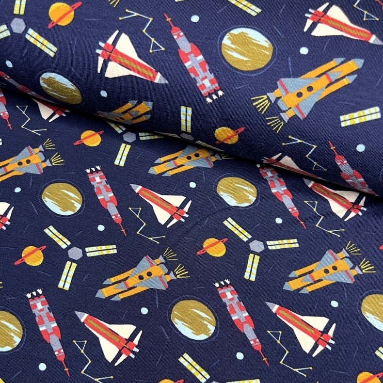 kologisk Jerseystof med rumraketter, pr. m