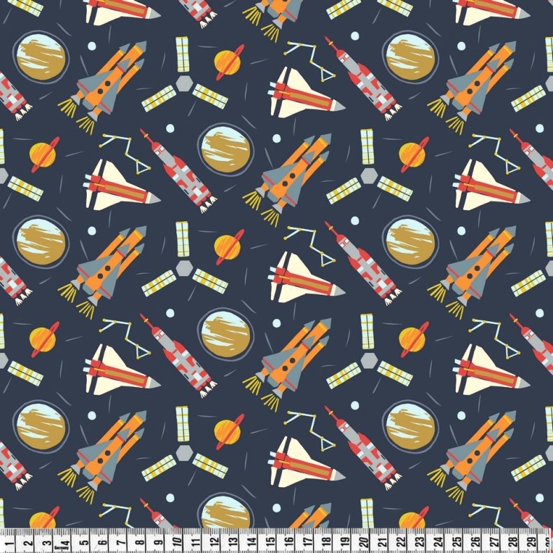 kologisk Jerseystof med rumraketter, pr. m