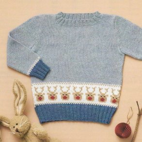 Strikket julesweater med Rudolf, 0-6 r. Opskrift og garn. Fra kr.