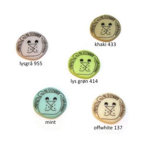 Knap - plast med lvehoved, 15 mm, 5 farver, pr. stk.