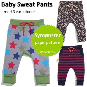Baby Sweat Pants med variationer, Symnster/paper pattern, str. 3 -24 mdr.