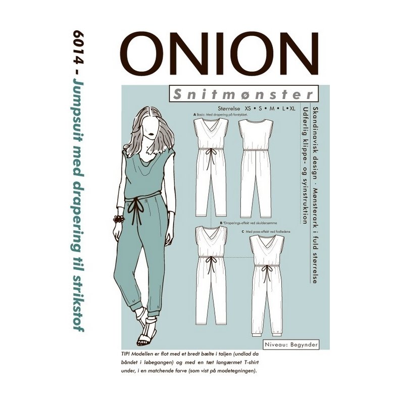 Onion 6014 Jumpsuit m. drapering - til strikstof, str. xs-xl