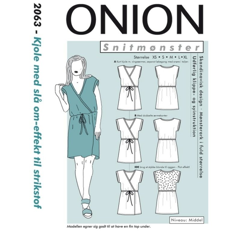 Onion 2063 symønster, Kjole med slå om-effekt til strikstof, str. xs-xl