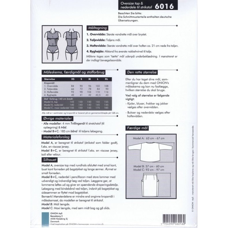 Onion 6016 Oversize Top &amp; Nederdel til strikstof, str. xs-xl